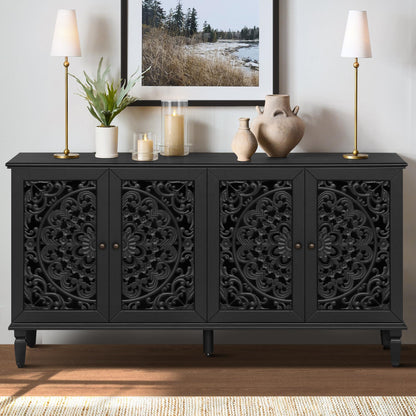 60" Antique Buffet Cabinet with Floral Carvings with Solid Wood Legs&Antique Brass Handles&Adjustable Shelves, TV Stand for 65''+ TV, Sideboard for Living Room,Dining Room (Black)