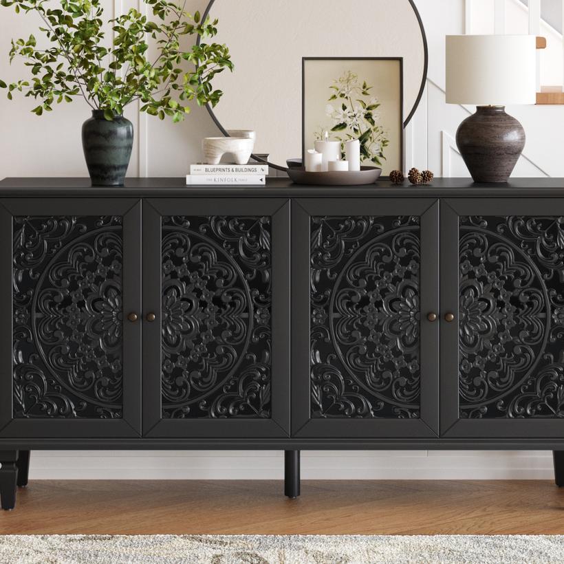 60" Antique Buffet Cabinet with Floral Carvings with Solid Wood Legs&Antique Brass Handles&Adjustable Shelves, TV Stand for 65''+ TV, Sideboard for Living Room,Dining Room (Black)