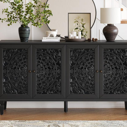 60" Antique Buffet Cabinet with Floral Carvings with Solid Wood Legs&Antique Brass Handles&Adjustable Shelves, TV Stand for 65''+ TV, Sideboard for Living Room,Dining Room (Black)