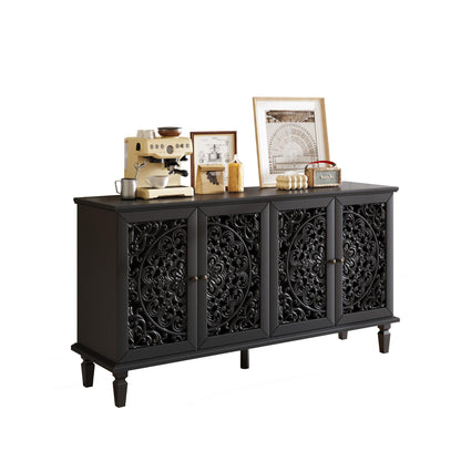 60" Antique Buffet Cabinet with Floral Carvings with Solid Wood Legs&Antique Brass Handles&Adjustable Shelves, TV Stand for 65''+ TV, Sideboard for Living Room,Dining Room (Black)