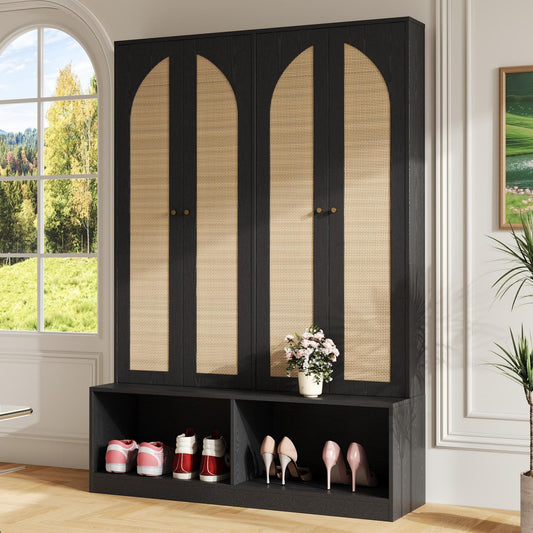 Farmhouse Widen Hall Tree with 4 Rattan Doors, Versatile 4-In-1 Seating Bench with 6 Hooks, Mid-Century Entryway Shoe Cabinet with Adjustable Shelf for Living Room, Black, 55.1"W