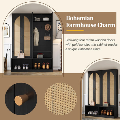 Farmhouse Widen Hall Tree with 4 Rattan Doors, Versatile 4-In-1 Seating Bench with 6 Hooks, Mid-Century Entryway Shoe Cabinet with Adjustable Shelf for Living Room, Black, 55.1"W