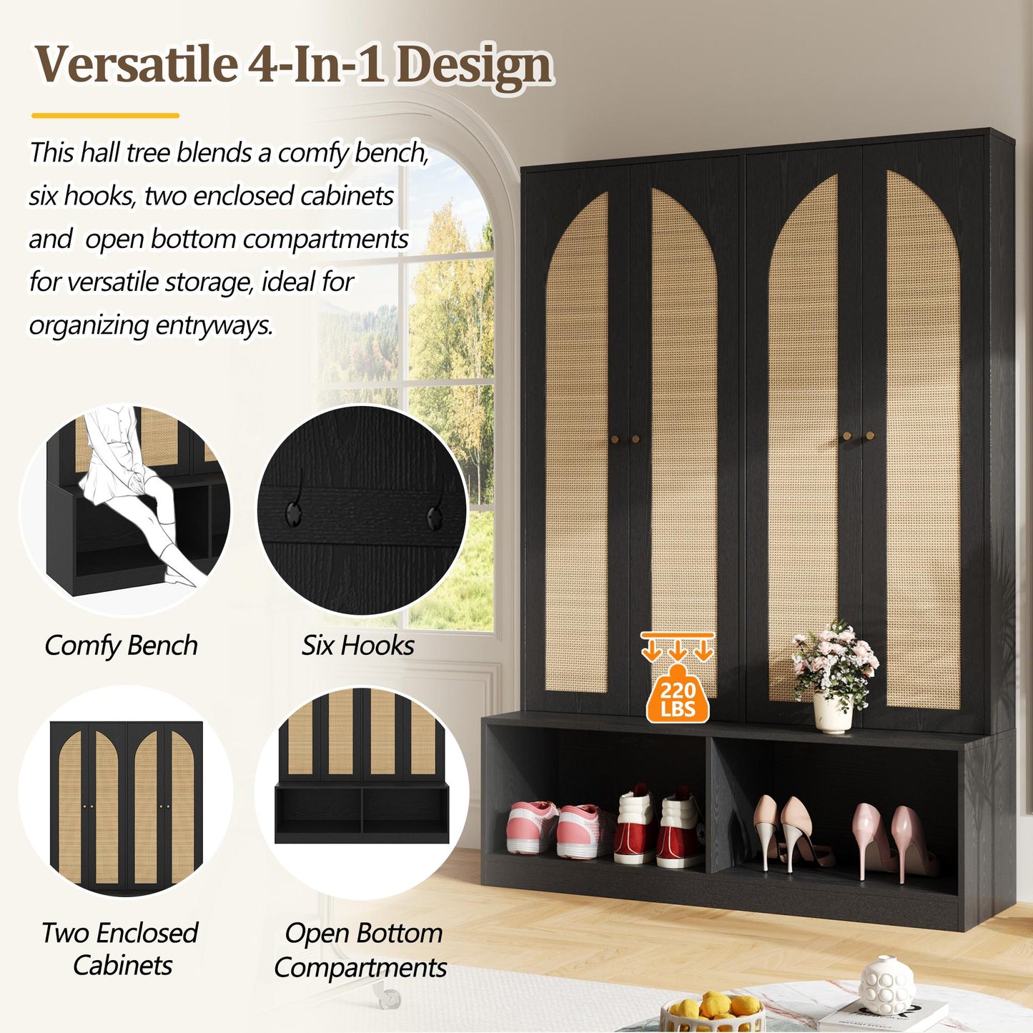 Farmhouse Widen Hall Tree with 4 Rattan Doors, Versatile 4-In-1 Seating Bench with 6 Hooks, Mid-Century Entryway Shoe Cabinet with Adjustable Shelf for Living Room, Black, 55.1"W