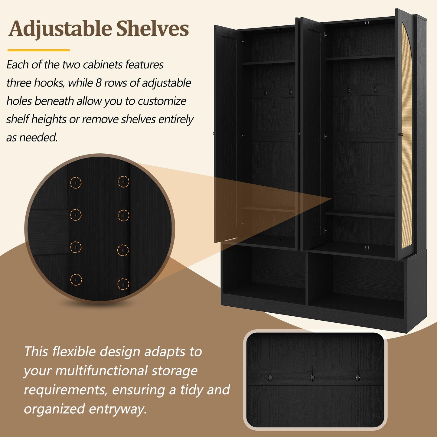 Farmhouse Widen Hall Tree with 4 Rattan Doors, Versatile 4-In-1 Seating Bench with 6 Hooks, Mid-Century Entryway Shoe Cabinet with Adjustable Shelf for Living Room, Black, 55.1"W