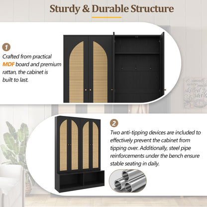 Farmhouse Widen Hall Tree with 4 Rattan Doors, Versatile 4-In-1 Seating Bench with 6 Hooks, Mid-Century Entryway Shoe Cabinet with Adjustable Shelf for Living Room, Black, 55.1"W