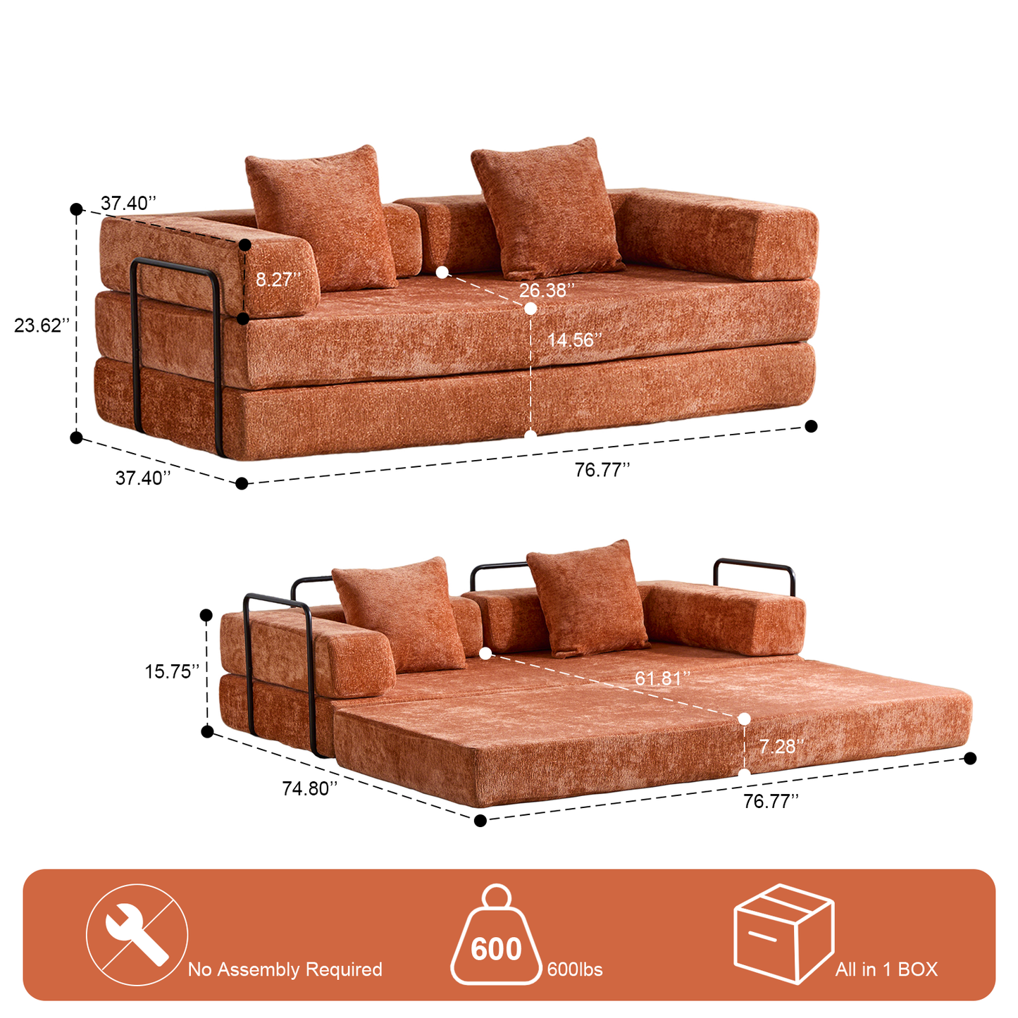 Floor Couch,Compression Sofa,Convertible Floor Sofa Bed-with Pillow Back Support Armrest,Comfy Futon Couch Lounge Sleeper Bed,chenille fabric,for Living Room Bedroom (orange)
