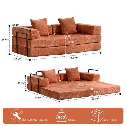 Floor Couch,Compression Sofa,Convertible Floor Sofa Bed-with Pillow Back Support Armrest,Comfy Futon Couch Lounge Sleeper Bed,chenille fabric,for Living Room Bedroom (orange)