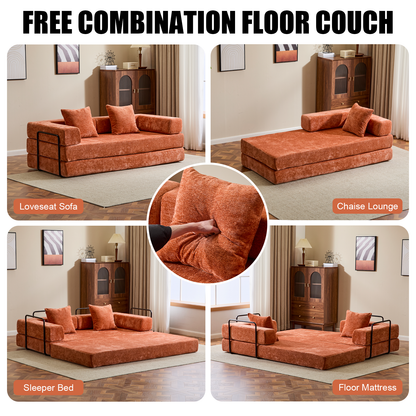 Floor Couch,Compression Sofa,Convertible Floor Sofa Bed-with Pillow Back Support Armrest,Comfy Futon Couch Lounge Sleeper Bed,chenille fabric,for Living Room Bedroom (orange)