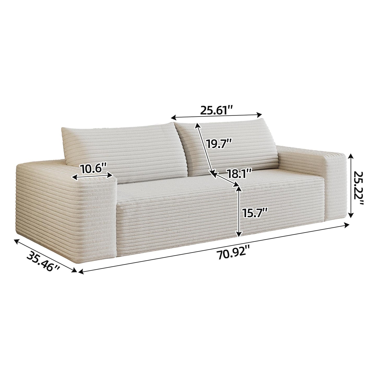 71" 3Setaser Sofa,Corduroy Fabric,Deep Seat Couches,Comfy Loveseat Sofa,No Assembly,1pcs for Living room, Bedroom,Conference room ,Apartment,White