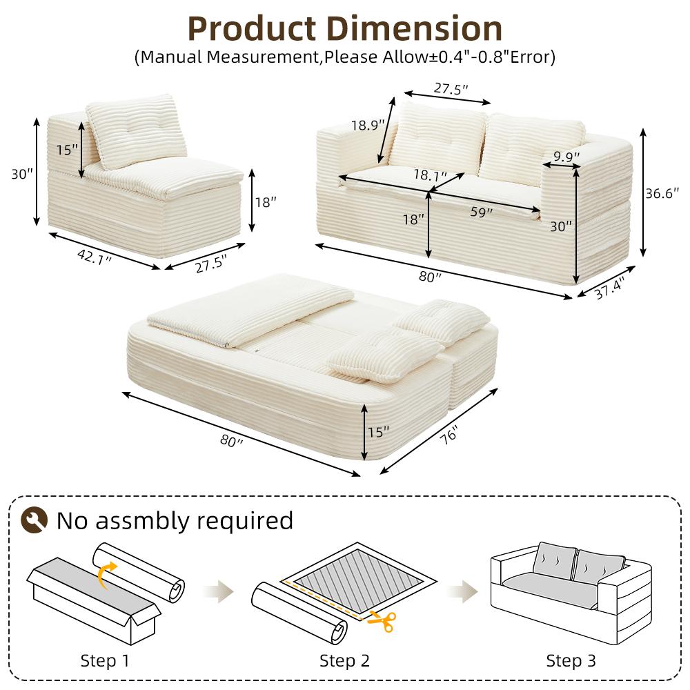 Multi Functional Sectional Sofa Bed with Independent Chaise Lounge and Functional Blanket,Plush Corduroy Sofa Couch,Convertible Sofa Bed,80" King Size Bed,Deep Seat Fluffy Sofa,Beige