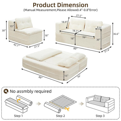 Multi Functional Sectional Sofa Bed with Independent Chaise Lounge and Functional Blanket,Plush Corduroy Sofa Couch,Convertible Sofa Bed,80" King Size Bed,Deep Seat Fluffy Sofa,Beige
