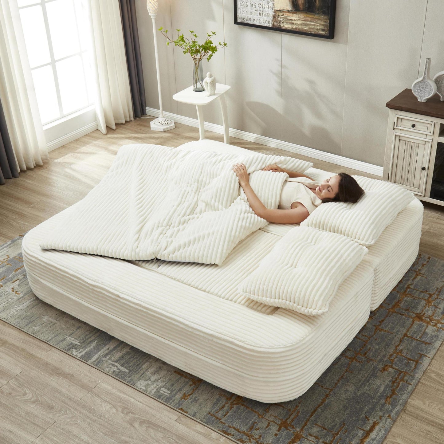 Multi Functional Sectional Sofa Bed with Independent Chaise Lounge and Functional Blanket,Plush Corduroy Sofa Couch,Convertible Sofa Bed,80" King Size Bed,Deep Seat Fluffy Sofa,Beige