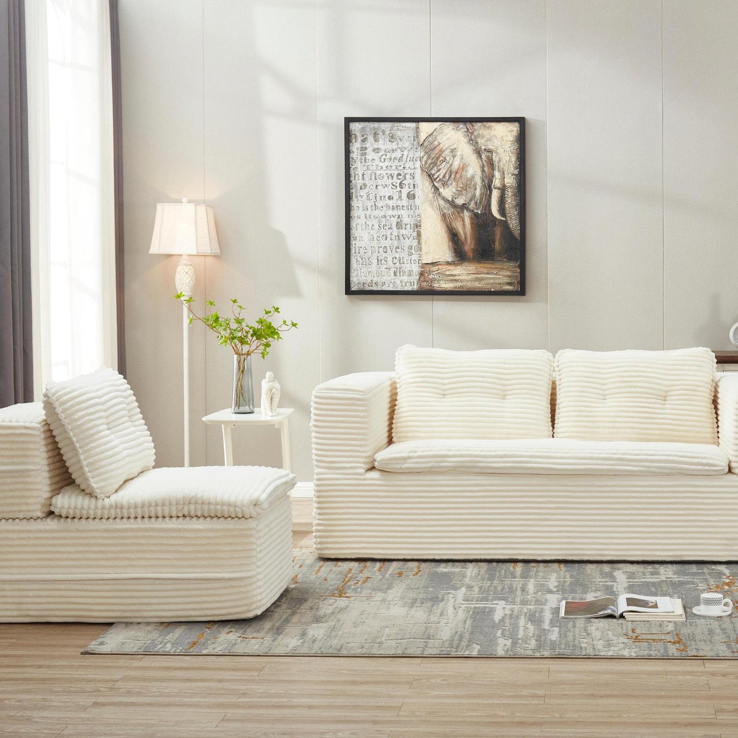 Multi Functional Sectional Sofa Bed with Independent Chaise Lounge and Functional Blanket,Plush Corduroy Sofa Couch,Convertible Sofa Bed,80" King Size Bed,Deep Seat Fluffy Sofa,Beige