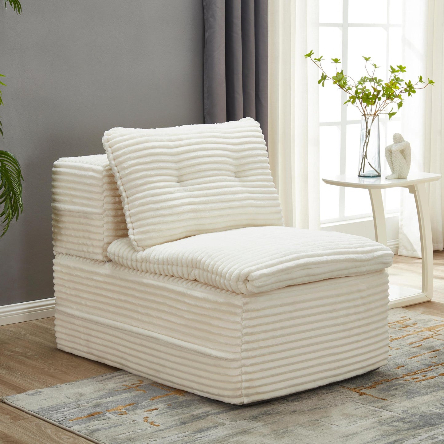 Multi Functional Sectional Sofa Bed with Independent Chaise Lounge and Functional Blanket,Plush Corduroy Sofa Couch,Convertible Sofa Bed,80" King Size Bed,Deep Seat Fluffy Sofa,Beige