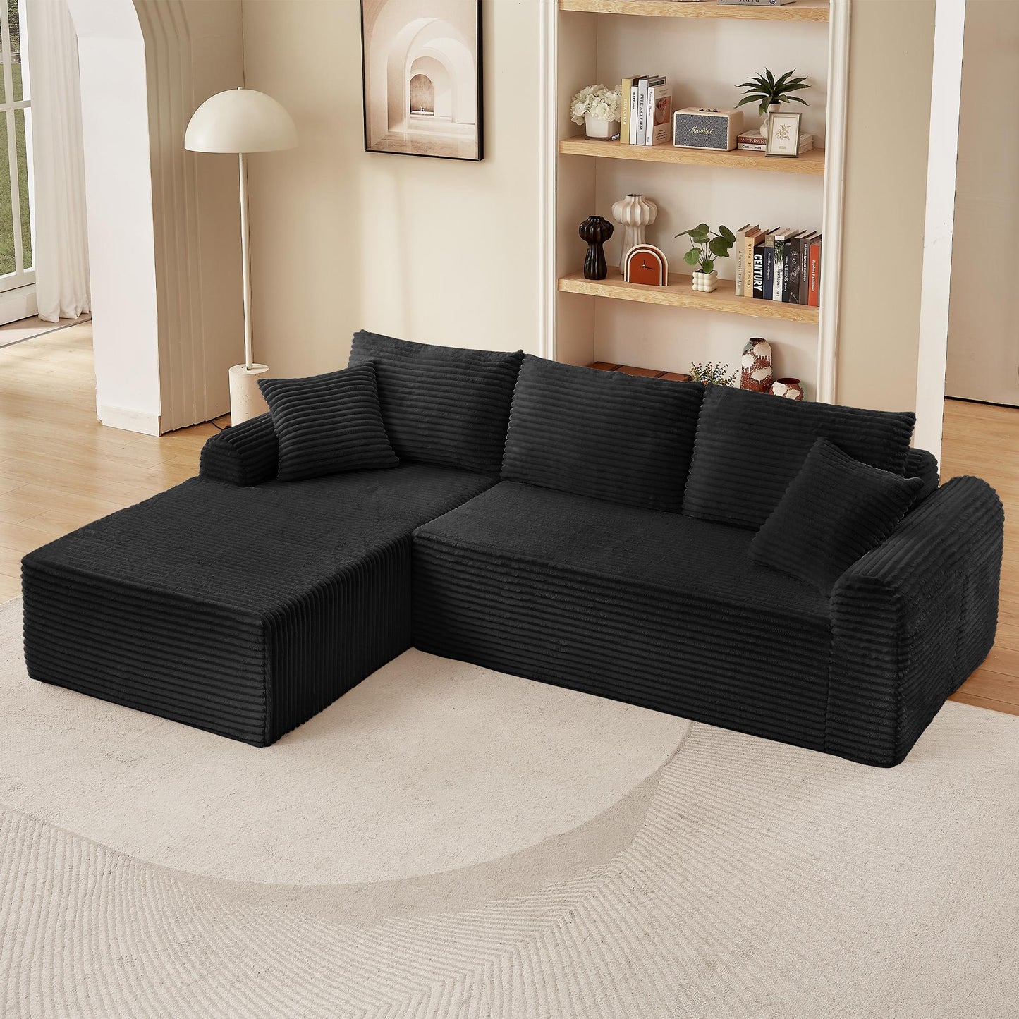 Full-Compression Chaise Lounge Set – Modular Corduroy Sectional with Arched Armrests, Non-Slip Base, Includes 3 Back Cushions & 2 Throw Pillows, Right chaise longue sofa