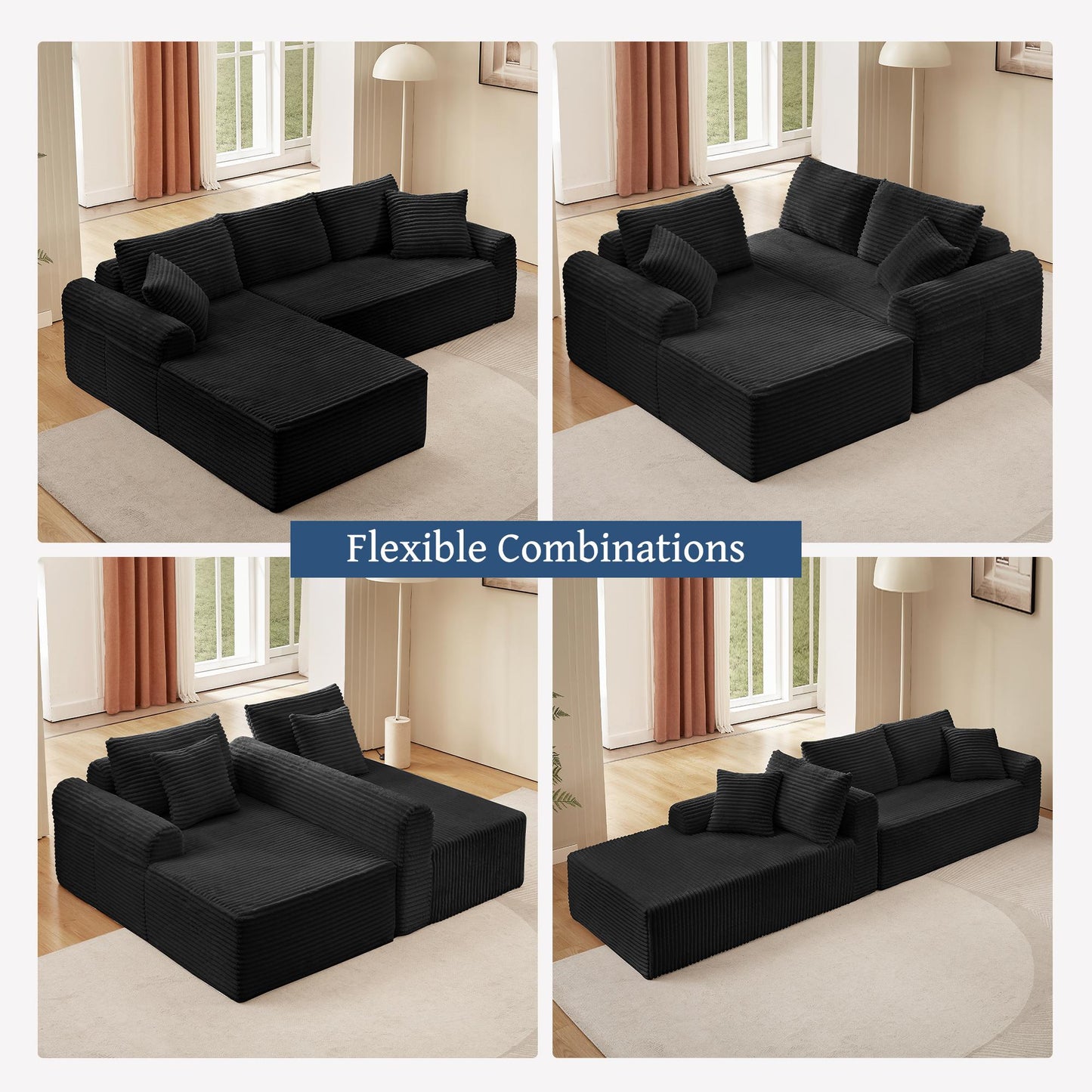 Full-Compression Chaise Lounge Set – Modular Corduroy Sectional with Arched Armrests, Non-Slip Base, Includes 3 Back Cushions & 2 Throw Pillows, Right chaise longue sofa