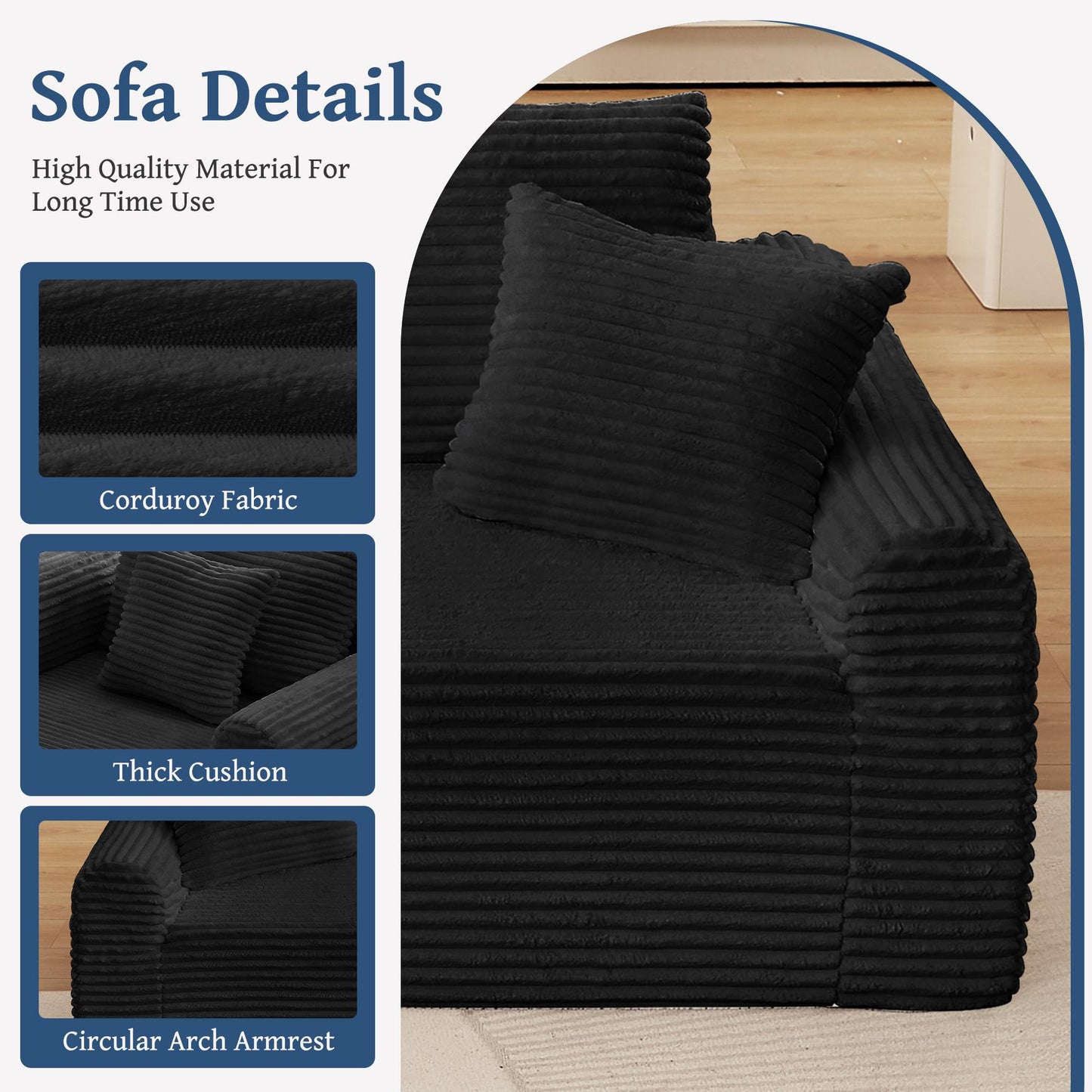 Full-Compression Chaise Lounge Set – Modular Corduroy Sectional with Arched Armrests, Non-Slip Base, Includes 3 Back Cushions & 2 Throw Pillows, Right chaise longue sofa