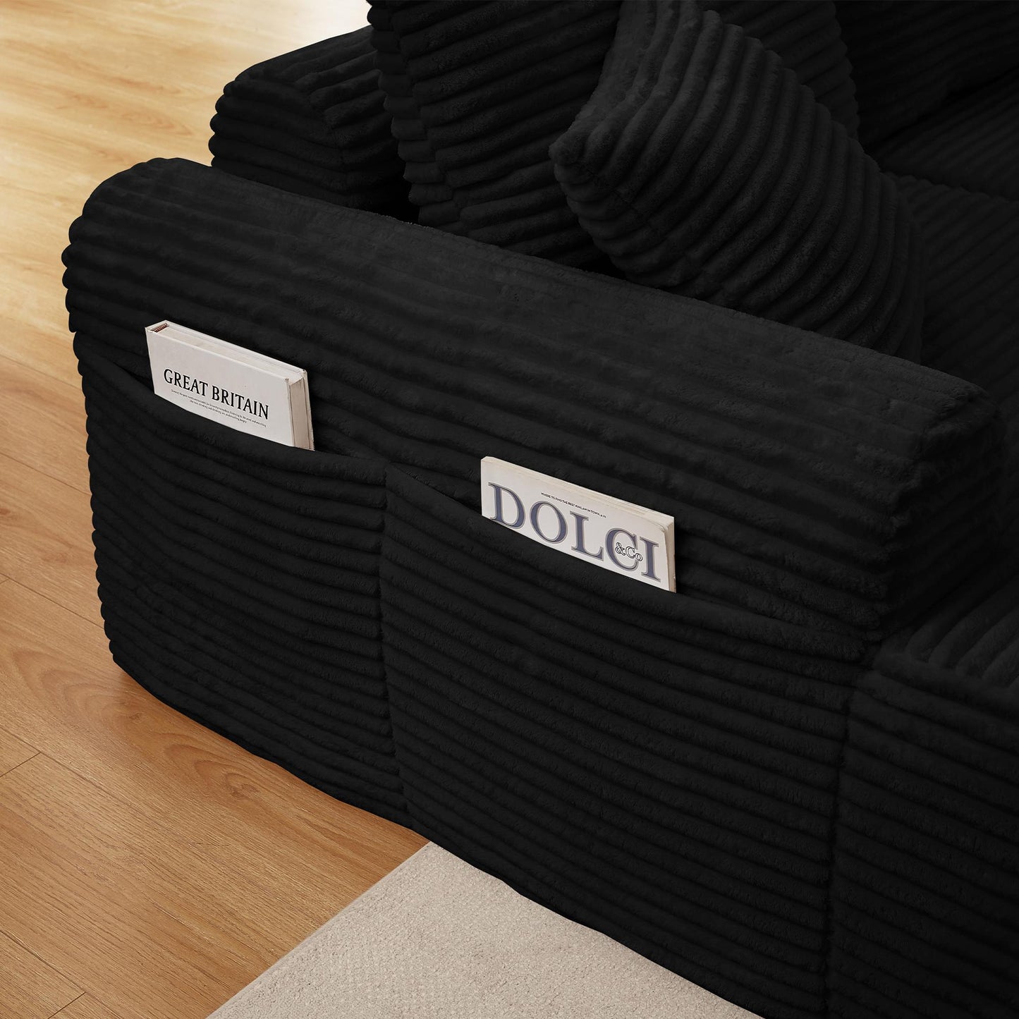 Full-Compression Chaise Lounge Set – Modular Corduroy Sectional with Arched Armrests, Non-Slip Base, Includes 3 Back Cushions & 2 Throw Pillows, Right chaise longue sofa