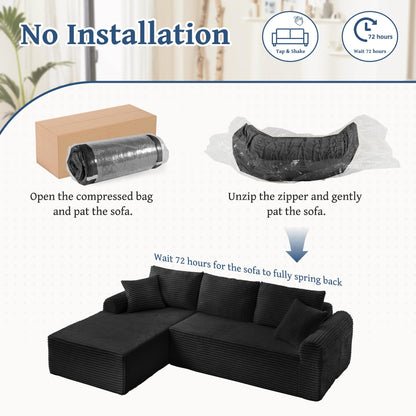 Full-Compression Chaise Lounge Set – Modular Corduroy Sectional with Arched Armrests, Non-Slip Base, Includes 3 Back Cushions & 2 Throw Pillows, Right chaise longue sofa