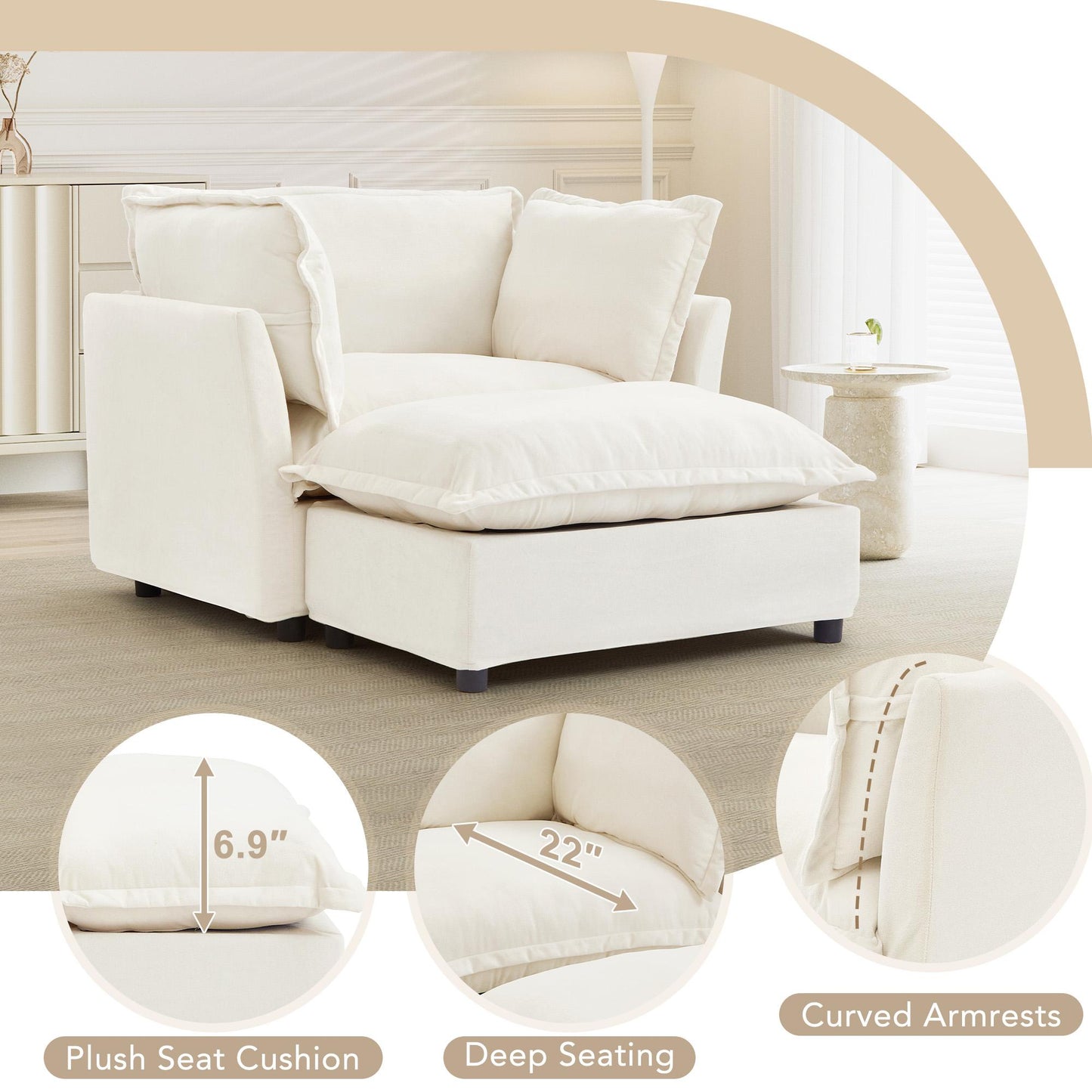 Modern Armchair Sofa 47" Cozy Upholstered Sofa Chair with Movable Ottoman, Wide Seat, Curved Armrests and Soft Pillows for Living Room, Bedroom,Beige