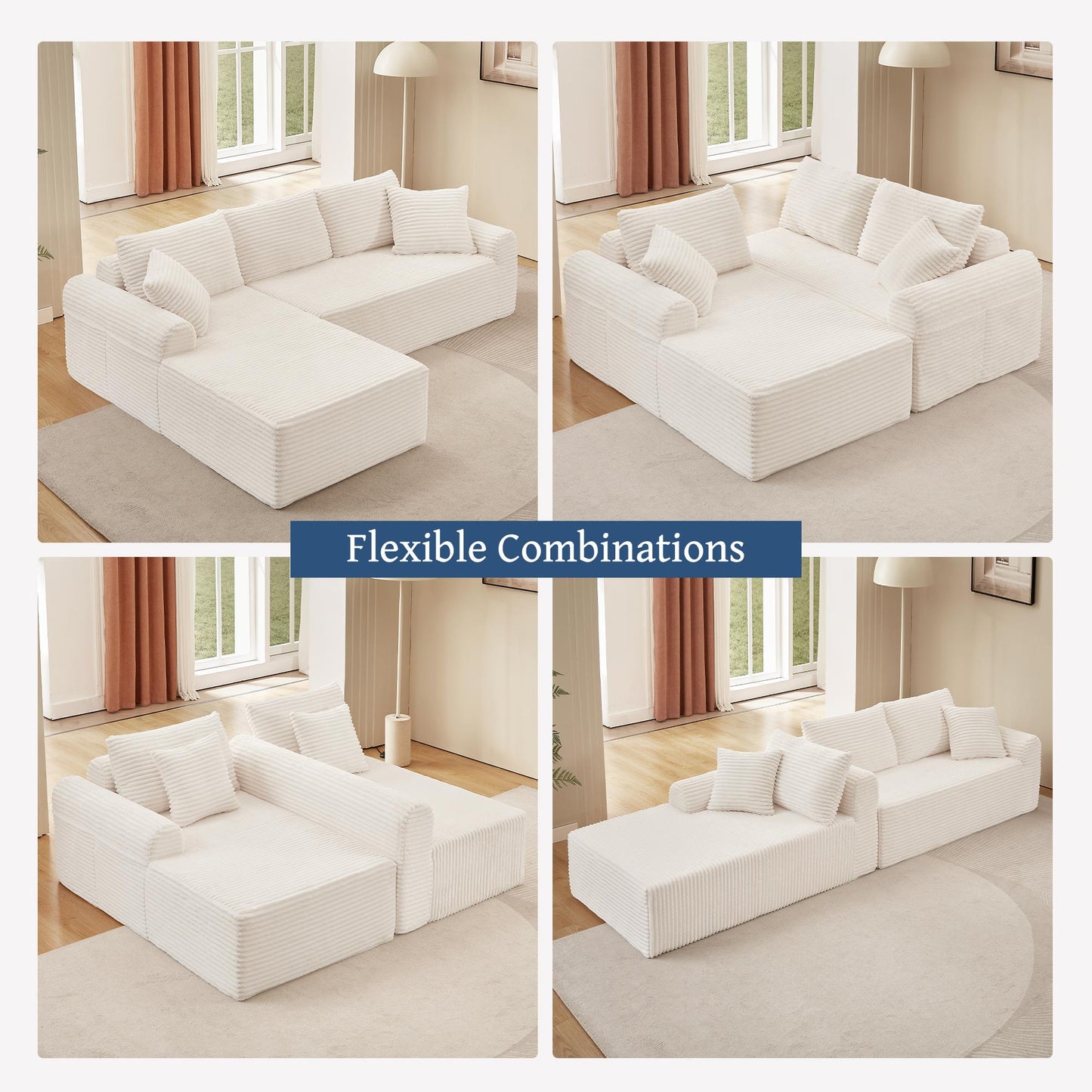 Full-Compression Chaise Lounge Set – Modular Corduroy Sectional with Arched Armrests, Non-Slip Base, Includes 3 Back Cushions & 2 Throw Pillows,Right chaise longue sofa