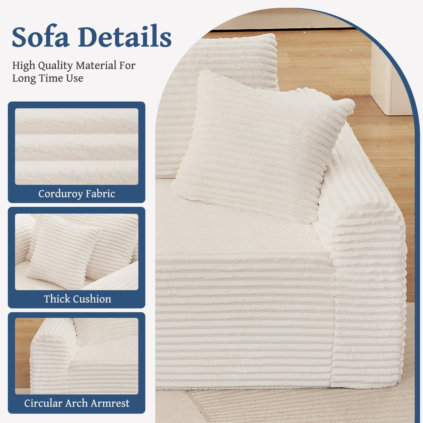 Full-Compression Chaise Lounge Set – Modular Corduroy Sectional with Arched Armrests, Non-Slip Base, Includes 3 Back Cushions & 2 Throw Pillows,Right chaise longue sofa