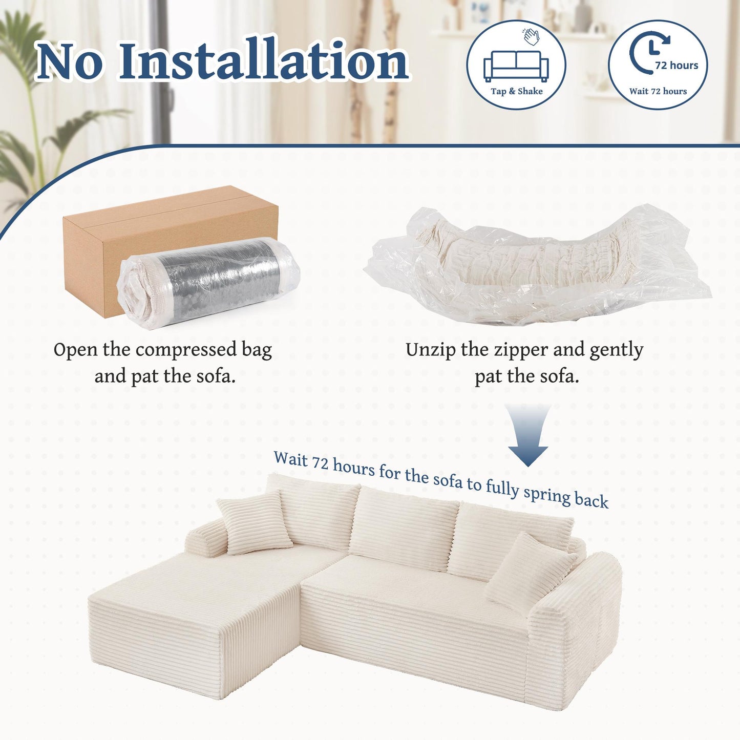 Full-Compression Chaise Lounge Set – Modular Corduroy Sectional with Arched Armrests, Non-Slip Base, Includes 3 Back Cushions & 2 Throw Pillows,Right chaise longue sofa