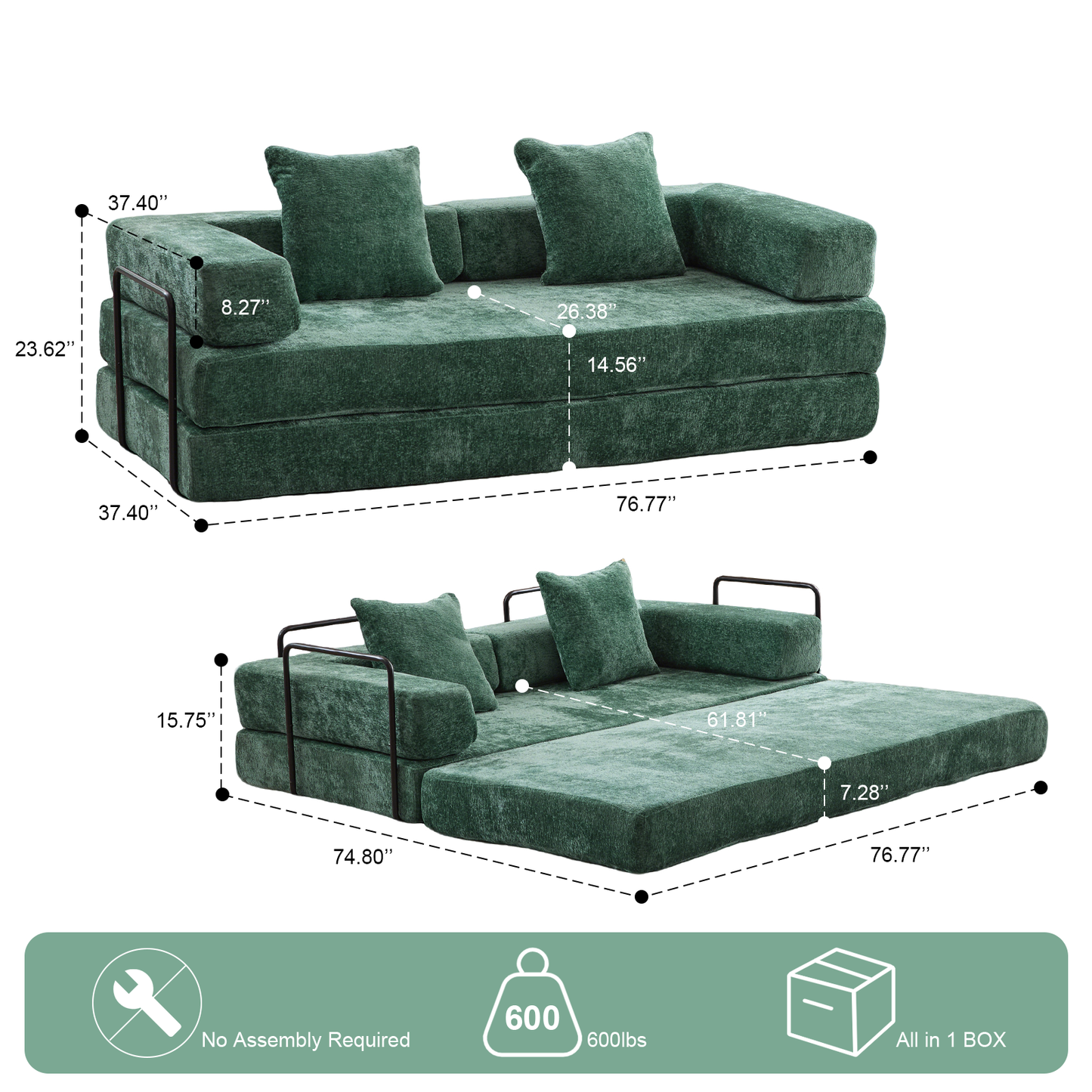 Floor Couch,Compression Sofa,Convertible Floor Sofa Bed-with Pillow Back Support Armrest,Comfy Futon Couch Lounge Sleeper Bed,Chenille fabric,for Living Room Bedroom (dark green)