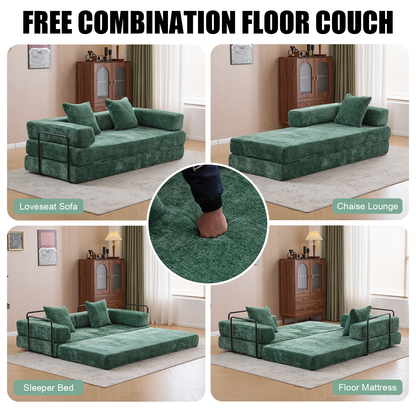Floor Couch,Compression Sofa,Convertible Floor Sofa Bed-with Pillow Back Support Armrest,Comfy Futon Couch Lounge Sleeper Bed,Chenille fabric,for Living Room Bedroom (dark green)