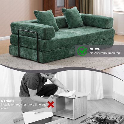 Floor Couch,Compression Sofa,Convertible Floor Sofa Bed-with Pillow Back Support Armrest,Comfy Futon Couch Lounge Sleeper Bed,Chenille fabric,for Living Room Bedroom (dark green)