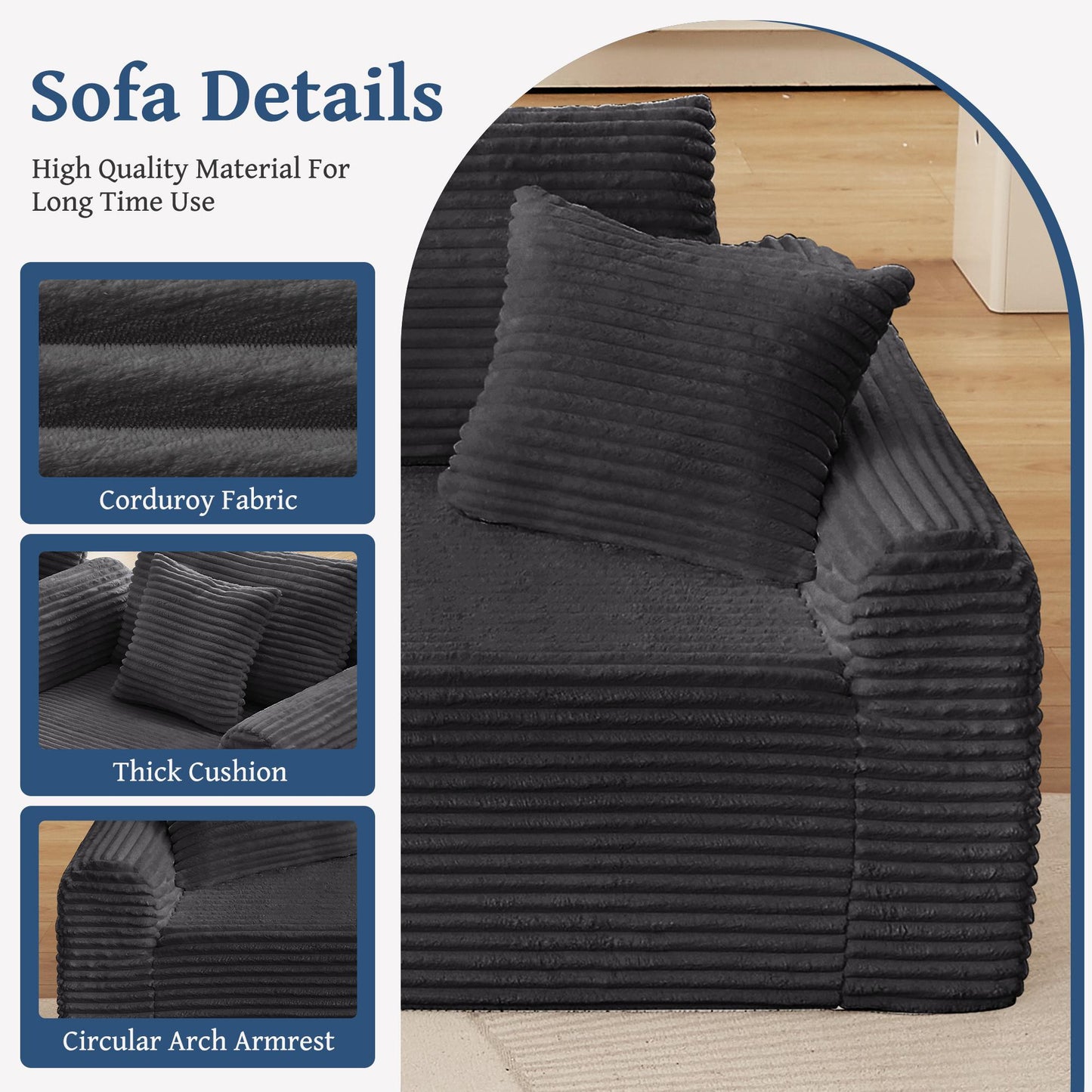 Full-Compression Chaise Lounge Set – Modular Corduroy Sectional with Arched Armrests, Non-Slip Base, Includes 3 Back Cushions & 2 Throw Pillows, Right chaise longue sofa