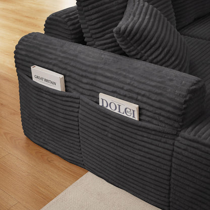 Full-Compression Chaise Lounge Set – Modular Corduroy Sectional with Arched Armrests, Non-Slip Base, Includes 3 Back Cushions & 2 Throw Pillows, Right chaise longue sofa