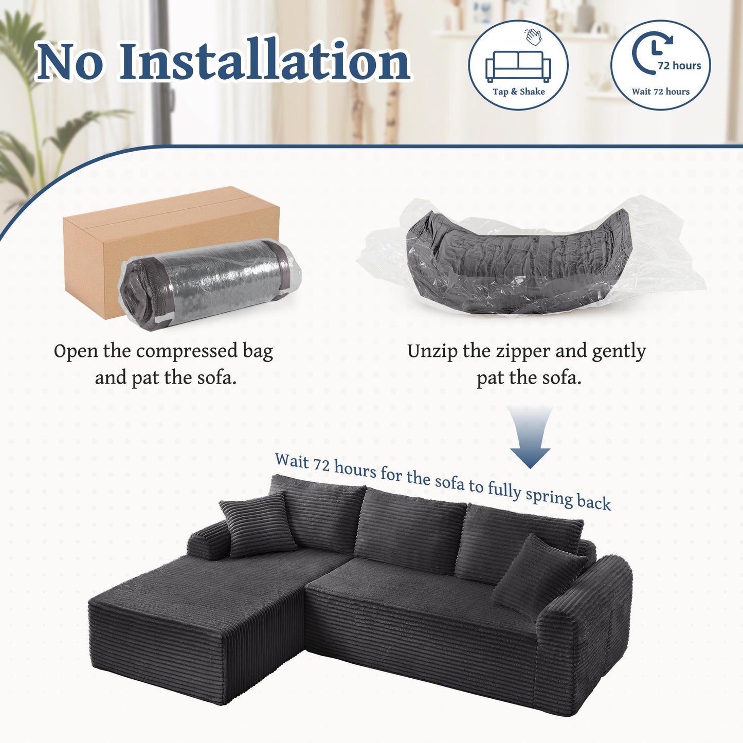 Full-Compression Chaise Lounge Set – Modular Corduroy Sectional with Arched Armrests, Non-Slip Base, Includes 3 Back Cushions & 2 Throw Pillows, Right chaise longue sofa