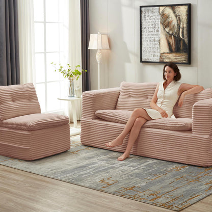 Multi Functional Sectional Sofa Bed with Independent Chaise Lounge and Functional Blanket,Plush Corduroy Sofa Couch,Convertible Sofa Bed,80" King Size Bed,Deep Seat Fluffy Sofa,Pink