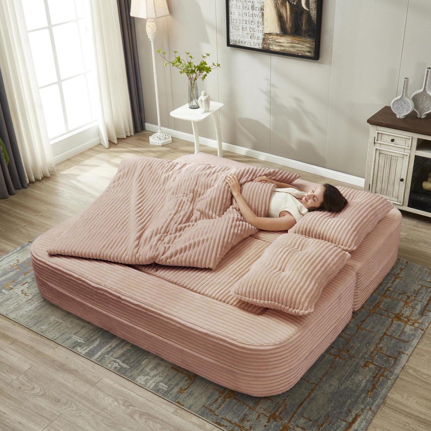 Multi Functional Sectional Sofa Bed with Independent Chaise Lounge and Functional Blanket,Plush Corduroy Sofa Couch,Convertible Sofa Bed,80" King Size Bed,Deep Seat Fluffy Sofa,Pink