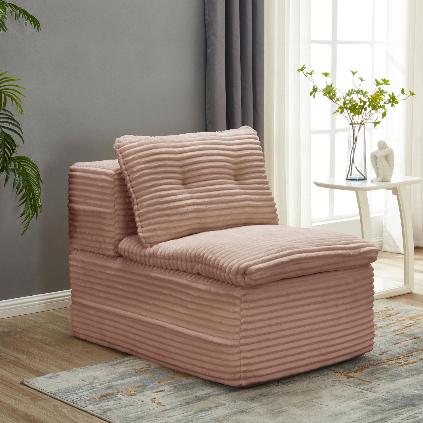 Multi Functional Sectional Sofa Bed with Independent Chaise Lounge and Functional Blanket,Plush Corduroy Sofa Couch,Convertible Sofa Bed,80" King Size Bed,Deep Seat Fluffy Sofa,Pink