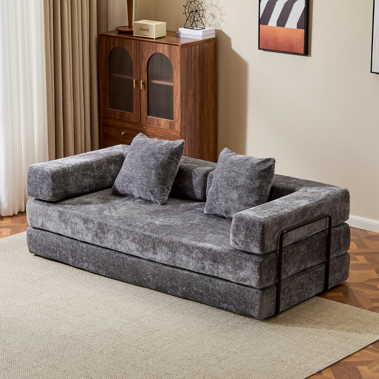 Floor Couch,Compression Sofa,Convertible Floor Sofa Bed-with Pillow Back Support Armrest,Comfy Futon Couch Lounge Sleeper Bed,Chenile fabric,for Living Room Bedroom (DARK-GREY)