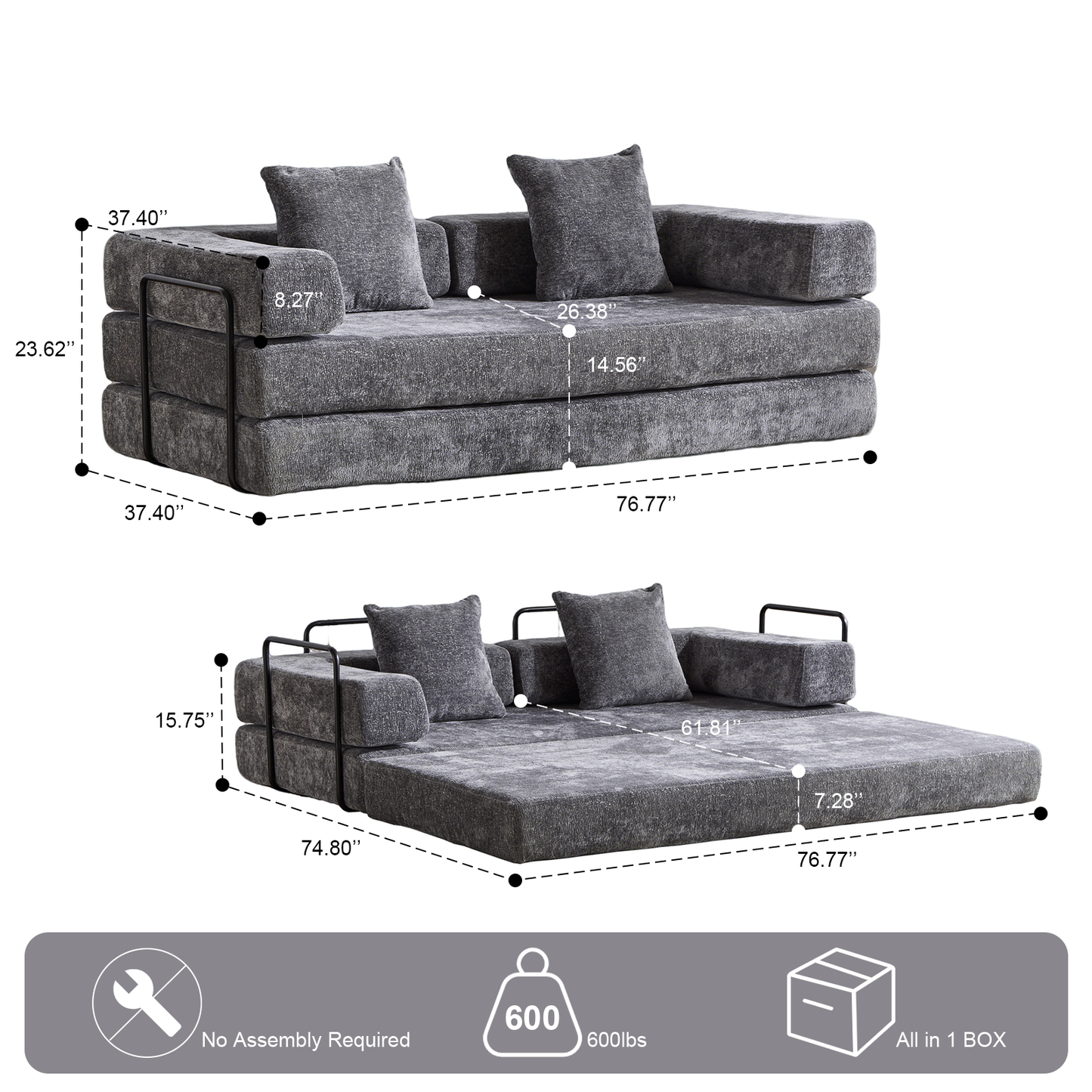 Floor Couch,Compression Sofa,Convertible Floor Sofa Bed-with Pillow Back Support Armrest,Comfy Futon Couch Lounge Sleeper Bed,Chenile fabric,for Living Room Bedroom (DARK-GREY)