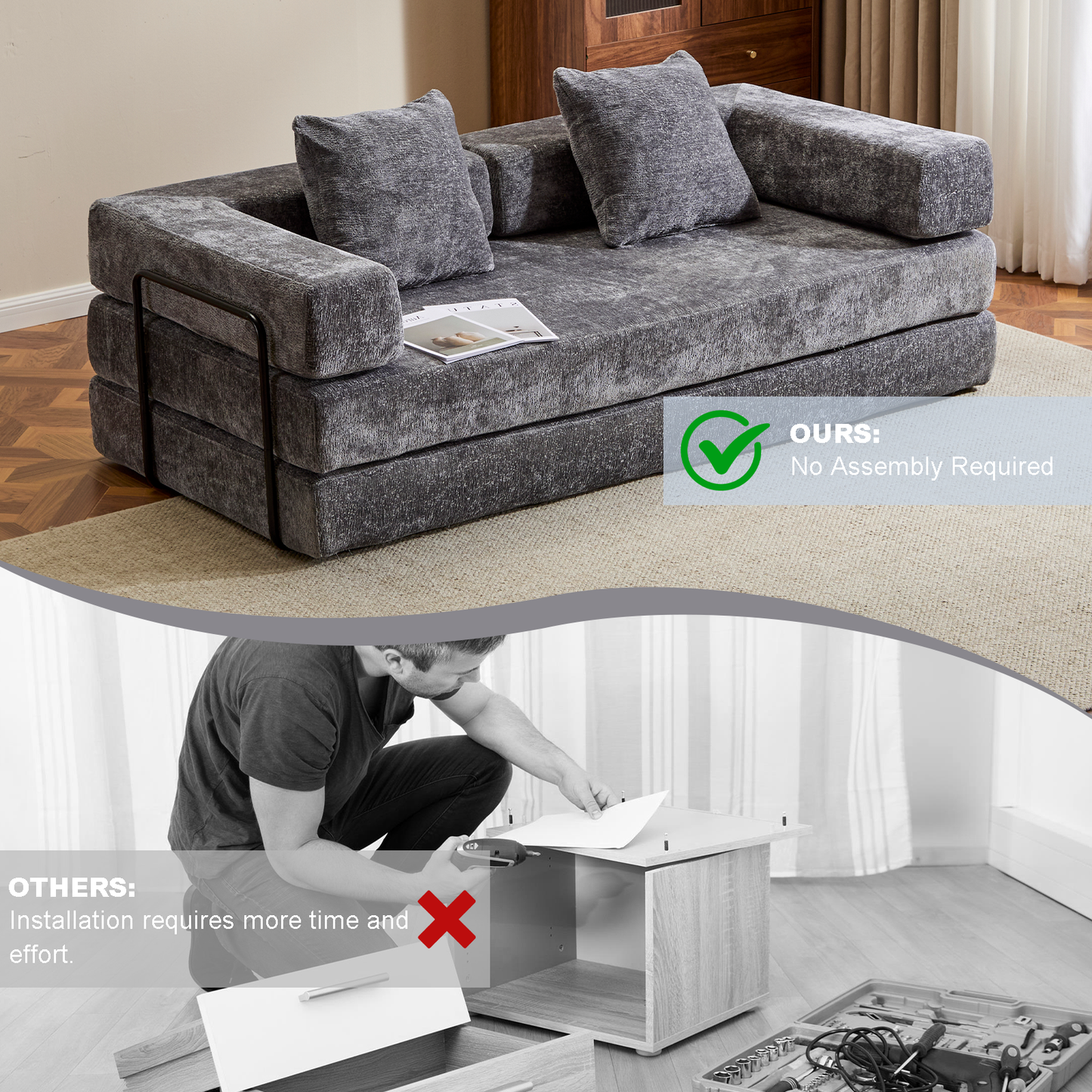 Floor Couch,Compression Sofa,Convertible Floor Sofa Bed-with Pillow Back Support Armrest,Comfy Futon Couch Lounge Sleeper Bed,Chenile fabric,for Living Room Bedroom (DARK-GREY)