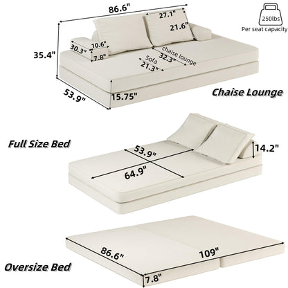 86.6"Multifunctional Convertible Sofa Bed with 2 Removable Backrests and 2 Pillows,Fuffy Chenille Fabric Sofa,Chaise Lounge,Game Pad,DIY Modern Upholstered Couch,Deep Seat Couch for Living Room,Office