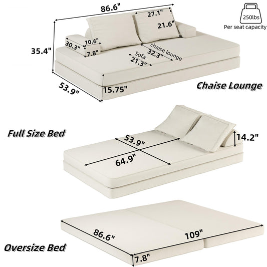 86.6"Multifunctional Convertible Sofa Bed with 2 Removable Backrests and 2 Pillows,Fuffy Chenille Fabric Sofa,Chaise Lounge,Game Pad,DIY Modern Upholstered Couch,Deep Seat Couch for Living Room,Office