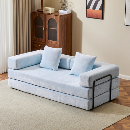 Floor Couch,Compression Sofa,Convertible Floor Sofa Bed-with Pillow Back Support Armrest,Comfy Futon Couch Lounge Sleeper Bed,Chenille fabric,for Living Room Bedroom (LIGHT-BLUE)