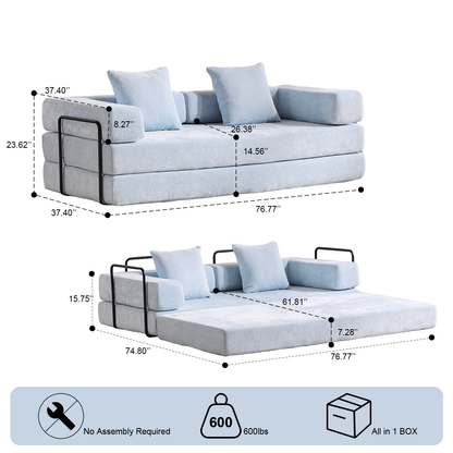 Floor Couch,Compression Sofa,Convertible Floor Sofa Bed-with Pillow Back Support Armrest,Comfy Futon Couch Lounge Sleeper Bed,Chenille fabric,for Living Room Bedroom (LIGHT-BLUE)