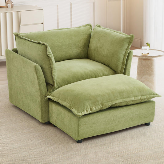 Modern Armchair Sofa 47" Cozy Upholstered Sofa Chair with Movable Ottoman, Wide Seat, Curved Armrests and Soft Pillows for Living Room, Bedroom,Green