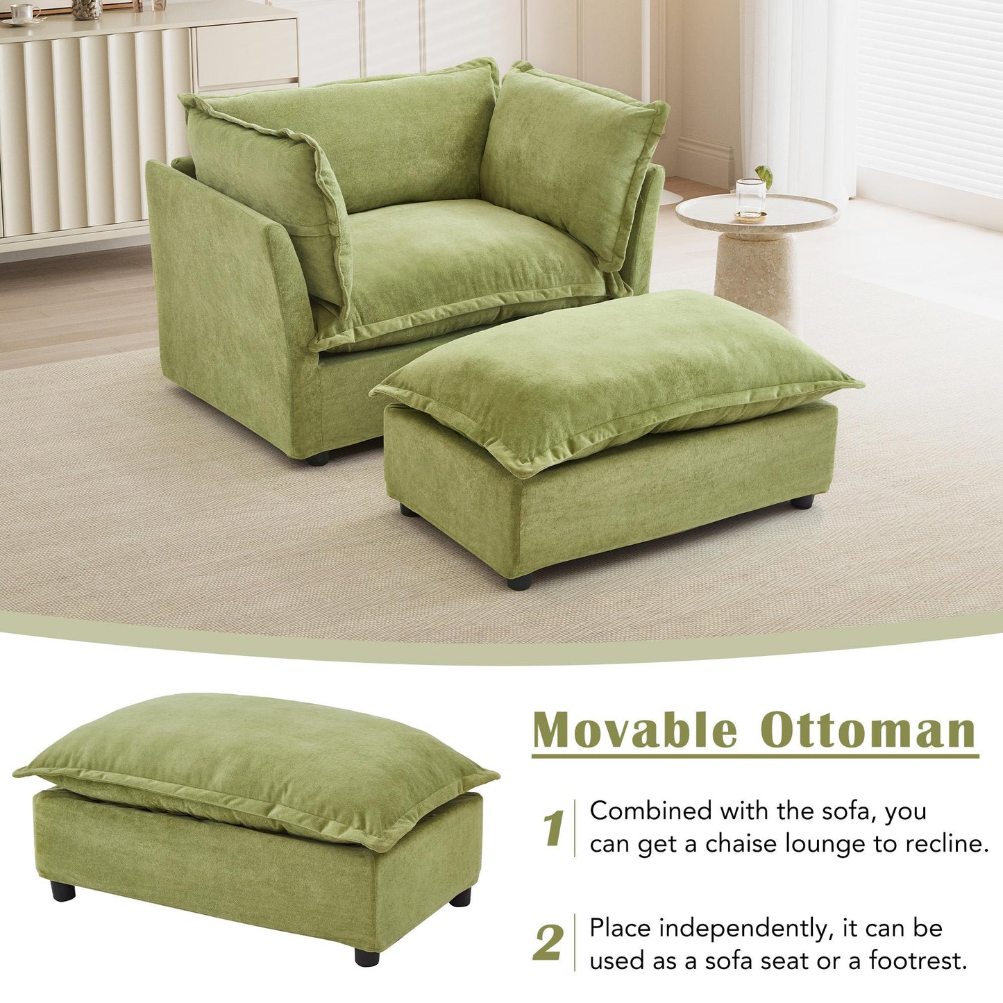Modern Armchair Sofa 47" Cozy Upholstered Sofa Chair with Movable Ottoman, Wide Seat, Curved Armrests and Soft Pillows for Living Room, Bedroom,Green