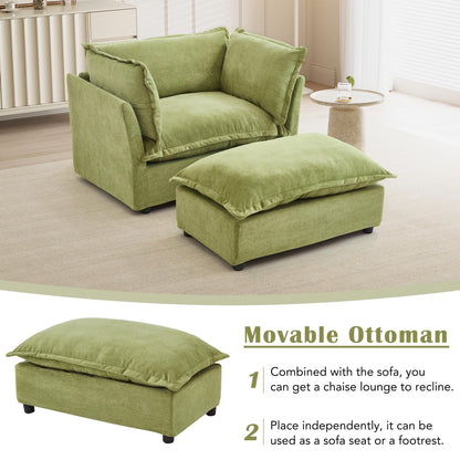 Modern Armchair Sofa 47" Cozy Upholstered Sofa Chair with Movable Ottoman, Wide Seat, Curved Armrests and Soft Pillows for Living Room, Bedroom,Green