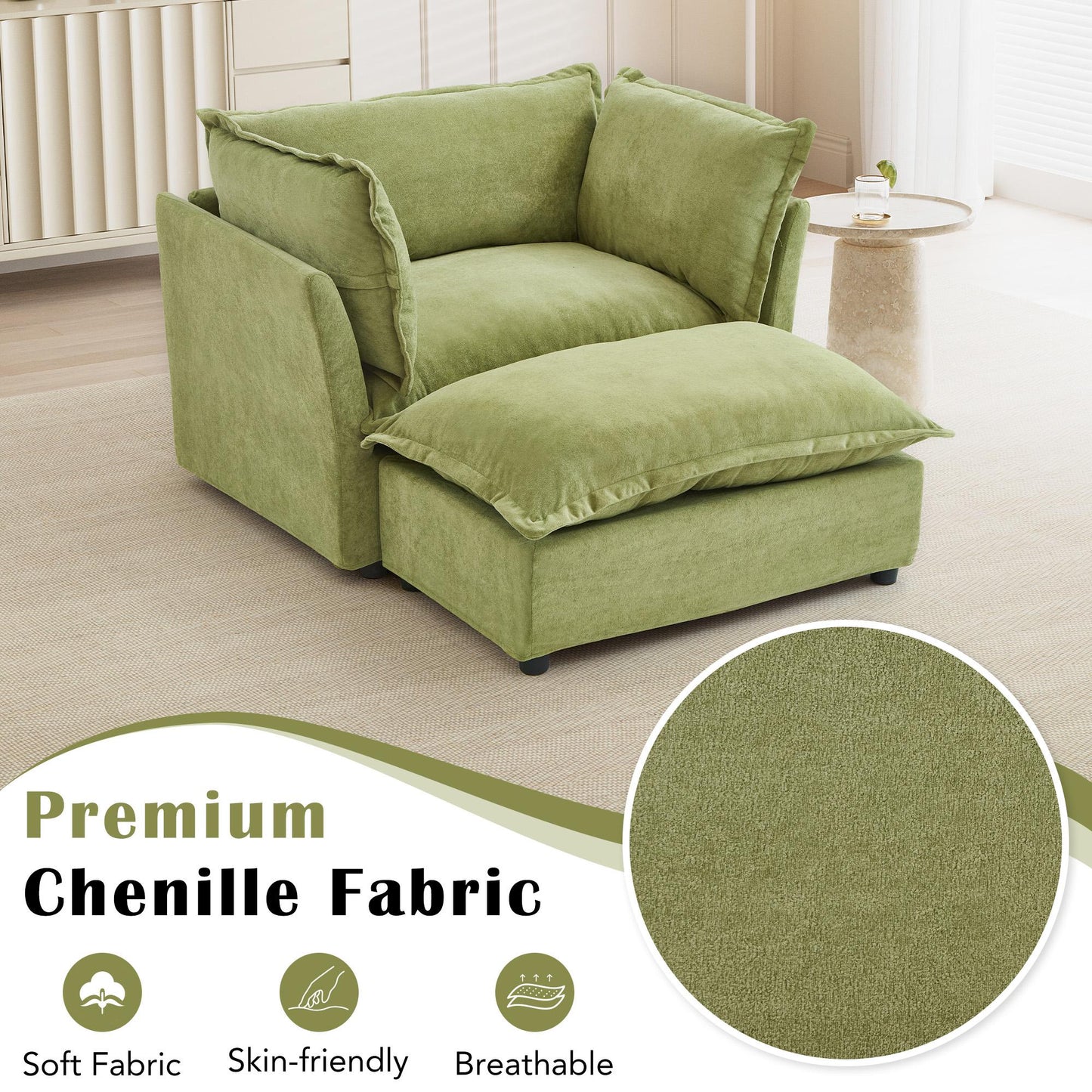 Modern Armchair Sofa 47" Cozy Upholstered Sofa Chair with Movable Ottoman, Wide Seat, Curved Armrests and Soft Pillows for Living Room, Bedroom,Green