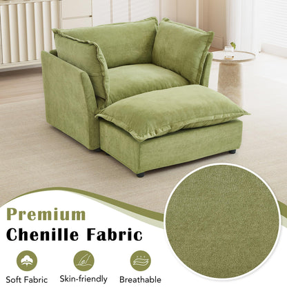 Modern Armchair Sofa 47" Cozy Upholstered Sofa Chair with Movable Ottoman, Wide Seat, Curved Armrests and Soft Pillows for Living Room, Bedroom,Green
