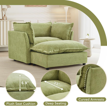 Modern Armchair Sofa 47" Cozy Upholstered Sofa Chair with Movable Ottoman, Wide Seat, Curved Armrests and Soft Pillows for Living Room, Bedroom,Green