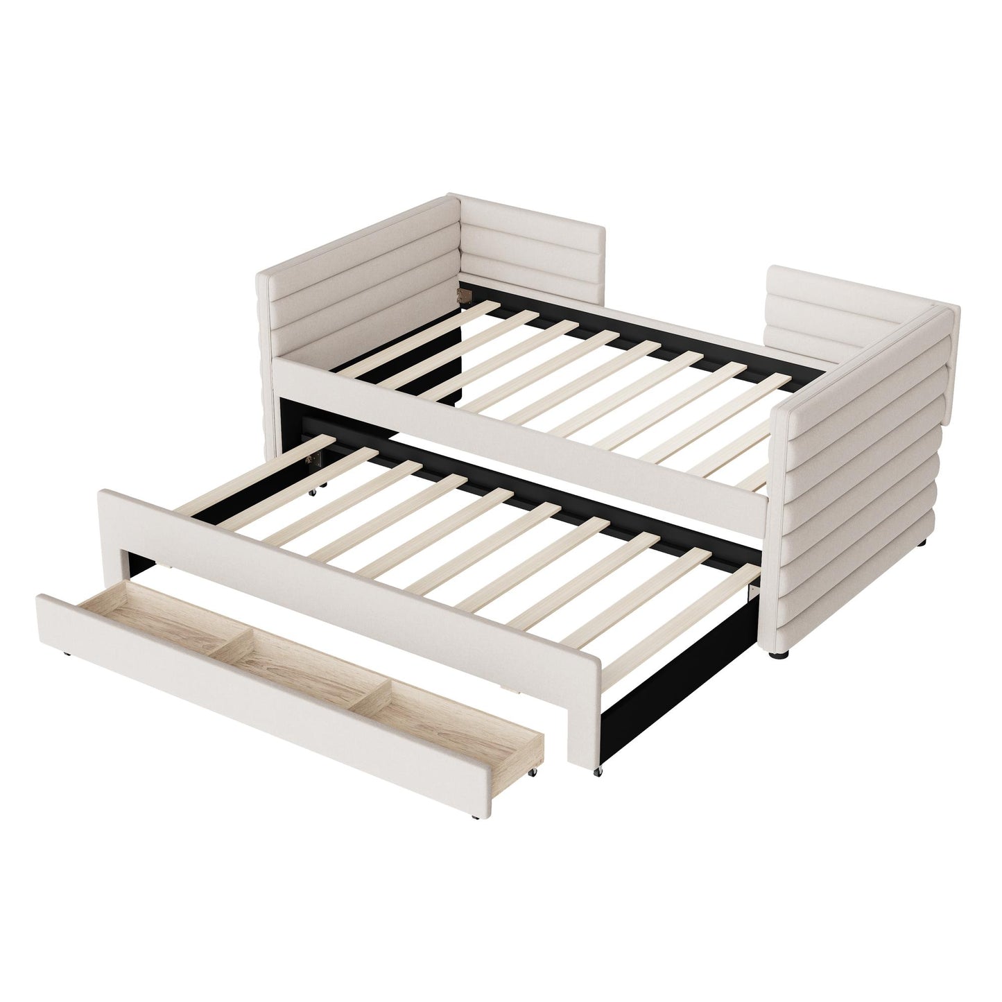 Twin Size Upholstered Daybed with Trundle and 3 Storage Drawers, Short-haired Linen Fabric Sofa Bed for Guest Room, Living Room, Space-Saving Modern Day Bed Frame, No Box Spring Needed, Beige